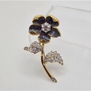 Vintage Nolan Miller Brooch Enamel Flower Rhinestone Goldtone Pin Classic Retro